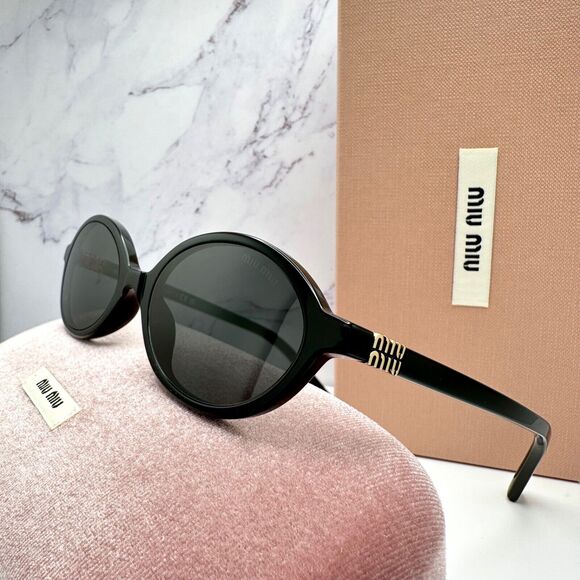 MIU MIU Sunglasses New Black Acetate Slim Round Gold Metal Logo Authentic Women - Picture 3 of 16